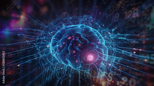 artificial intelligence background in the form of a human brain  against the background of graphs of numbers and calculations. Interaction between AI and humans. ai generation 