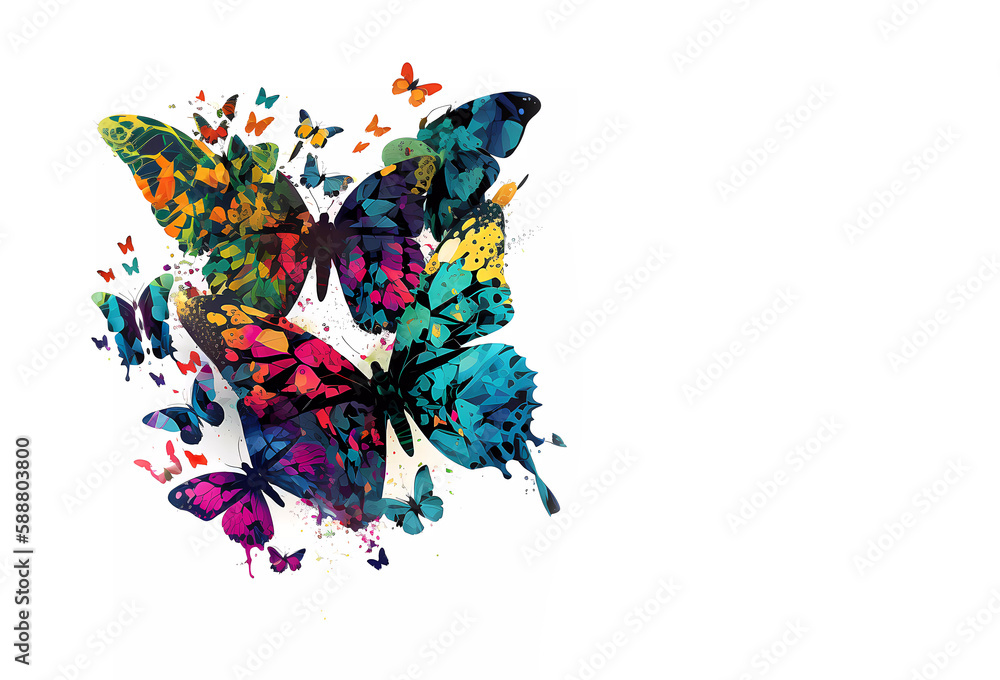 Obraz premium Abstract butterflies on a white background. Butterflies in jars. Banner. Copy space. Generating AI