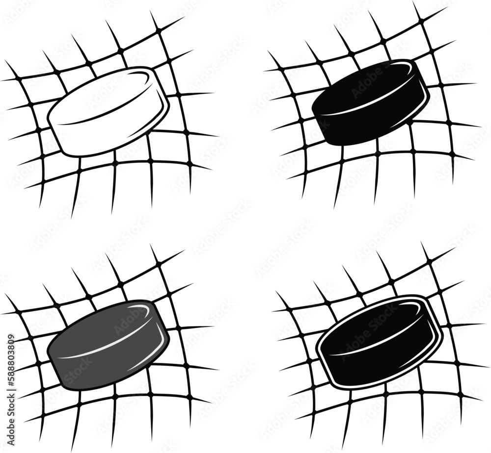 Hockey Puck in a Net Clipart Set Outline, Silhouette and Colored