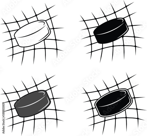 Hockey Puck in a Net Clipart Set - Outline, Silhouette and Colored