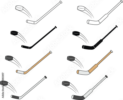 Hockey Stick and Puck Shot Clipart Set - Outline, Silhouette & Color