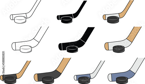 Hockey Stick with a Puck Clipart - Outline, Silhouette & Color