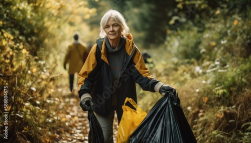 Fototapeta Naklejka Na Ścianę i Meble -  A person participating in a local community clean-up event, picking up litter and helping to keep the environment clean. Generative AI