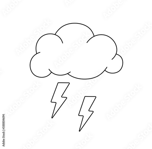 Vector isolated one single cloud with two flashes thunder lights colorless black and white contour line easy drawing
