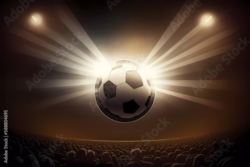 Soccer ball in the rays. Football field, people are sitting in the stands, spotlights are shining. Stadium. Silhouettes of people, fans. Generative AI