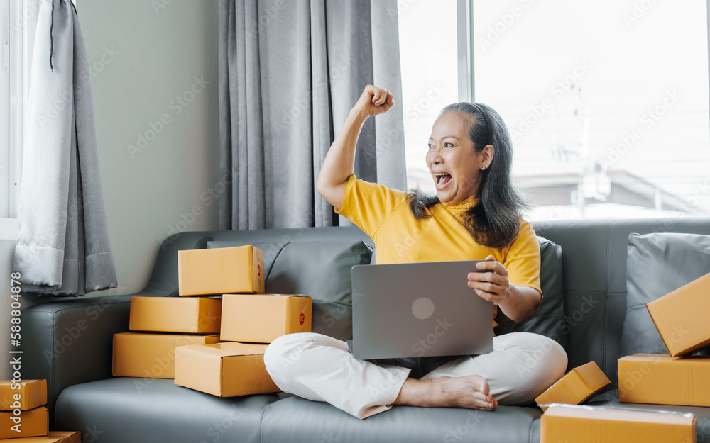 Successful asia people woman entrepreneur with parcel boxes checking email order in tablet and laptop at sofa home office SMEs small company. Successful asia people woman entrepreneur with parcel boxes checking email order in tablet and laptop at sofa home office SMEs small company.