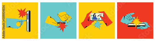 Concept of news, watching video online, podcast, talk show, tv application, live streaming. Hand holding smartphone with man with microphone on screen. Vector illustration in flat style