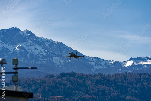 Double seater Northrop Tiger II register J-3201 landing at Emmen airbase, Canton Luzern, on a sunny spring day. Photo taken March 22nd, 2023, Emmen, Switzerland.