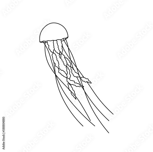 Vector isolated one single swimming floating beautiful jellyfish with long tentacles colorless black and white contour line easy drawing
