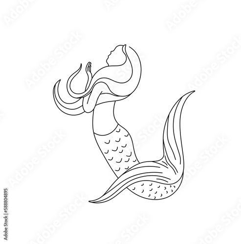 Vector isolated one single swimming floating mermaid woman girl with fish tail colorless black and white contour line easy drawing
