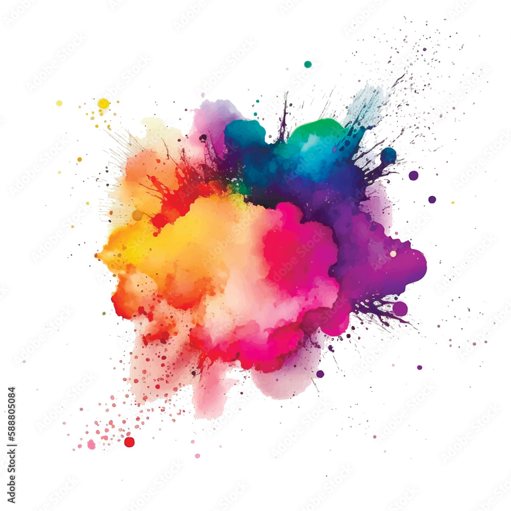 Bright colorful watercolor splash splatter stain brush stroke on white background. Modern vibrant aquarelle spot. Rainbow trendy isolated design on white. Element. Vector watercolor illustration
