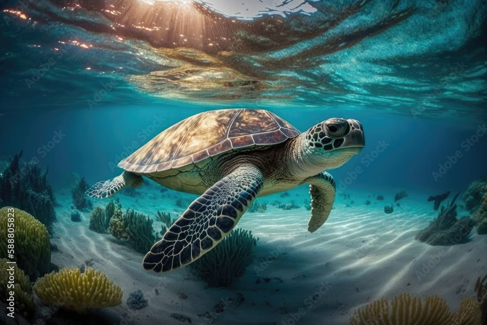 Obraz premium A turtle swimming underwater in the sea. Generative AI.