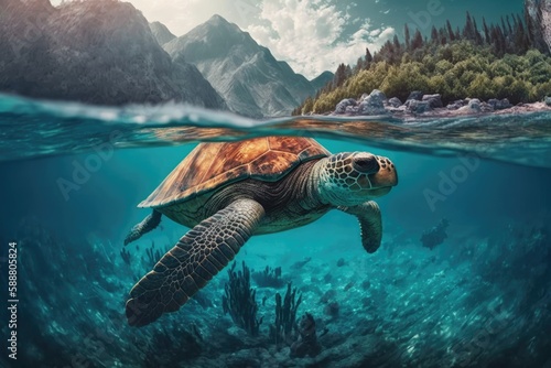 A turtle swimming underwater in the sea. Generative AI.