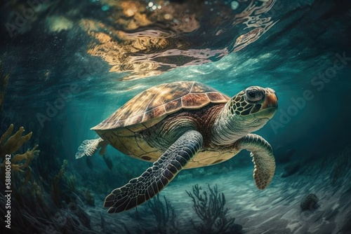 A turtle swimming underwater in the sea. Generative AI.