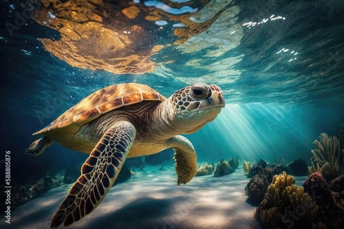 A turtle swimming underwater in the sea. Generative AI. © jlfsousa