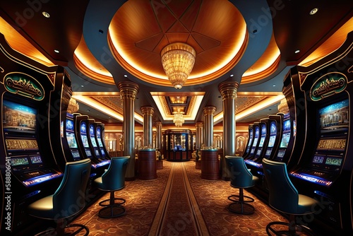  Luxury casino interior with lots of slot machines. Generative AI.