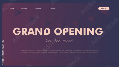 Grand opening website banner template. Grand Opening Banner for website. Simple Grand Opening join us you are invited web page design with dark background. Landing page design with interface element