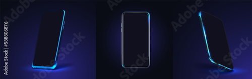Smartphone hangs in the air. Realistic phone with blank screen. Smartphone perspective view with blank screen. Vector