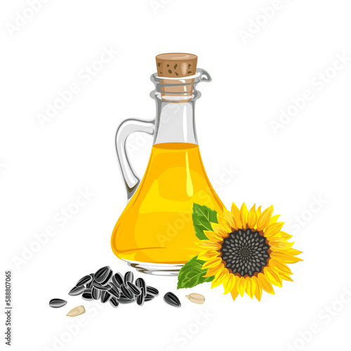 Sunflower seed oil in glass bottle isolated on white background. Vector cartoon illustration of healthy food.