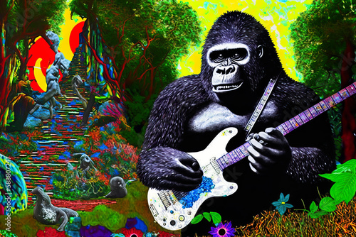 Guitar-Playing Gorilla in a Psychedelic Forest Generative AI photo