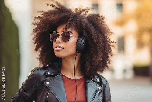 Young black woman in headphones listening to music in a city. Generative AI photo