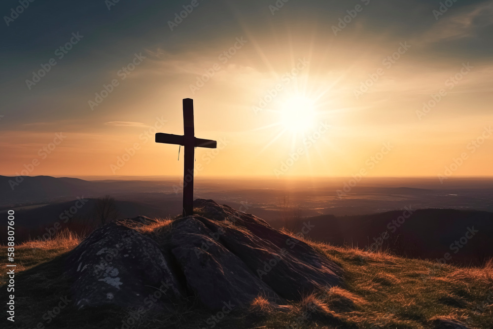 Calvary's Three Crosses: A Serene Landscape Illustrating the Place Where Jesus Christ Gave His Life for Humanity created with Generative AI technology