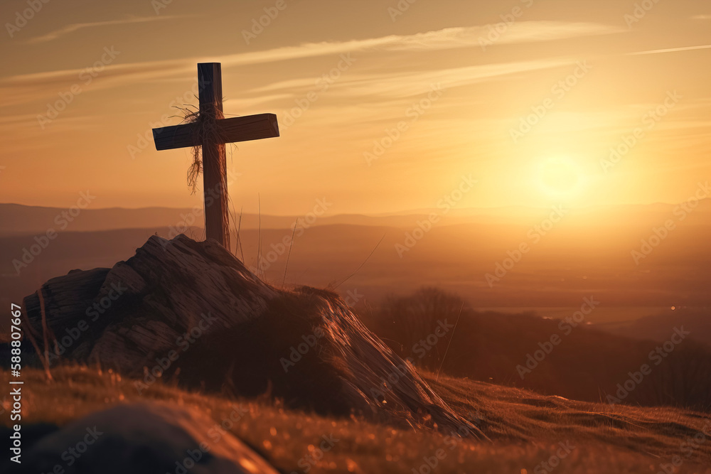 Calvary's Three Crosses: A Serene Landscape Illustrating the Place Where Jesus Christ Gave His Life for Humanity created with Generative AI technology