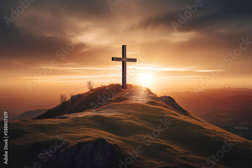 Calvary's Three Crosses: A Serene Landscape Illustrating the Place Where Jesus Christ Gave His Life for Humanity created with Generative AI technology © Fernando Cortés