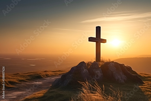 Calvary's Three Crosses: A Serene Landscape Illustrating the Place Where Jesus Christ Gave His Life for Humanity created with Generative AI technology