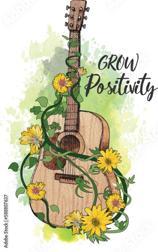  Grow Positivity motivational quote design with guitar and sunflower, positivity typography tshirt design or for other uses like poster, sticker,  card, mug etc. (ID: 588807637)