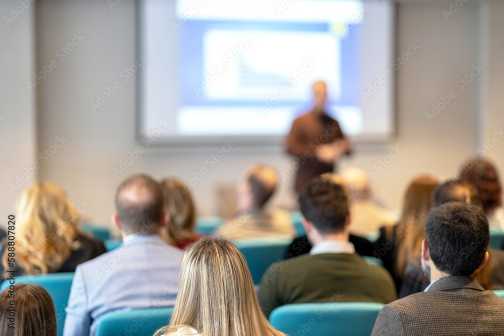 Speaker at business conference, presentation or training. Public speaking event.