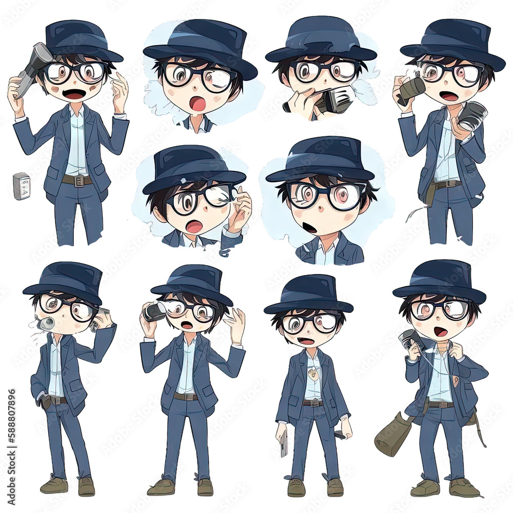 Surprised boy with a fedora and a camera - Multiple Expressions Same Characters 4 - obrazy, fototapety, plakaty 