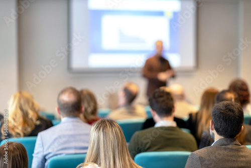 Speaker at business conference, presentation or training. Public speaking event.