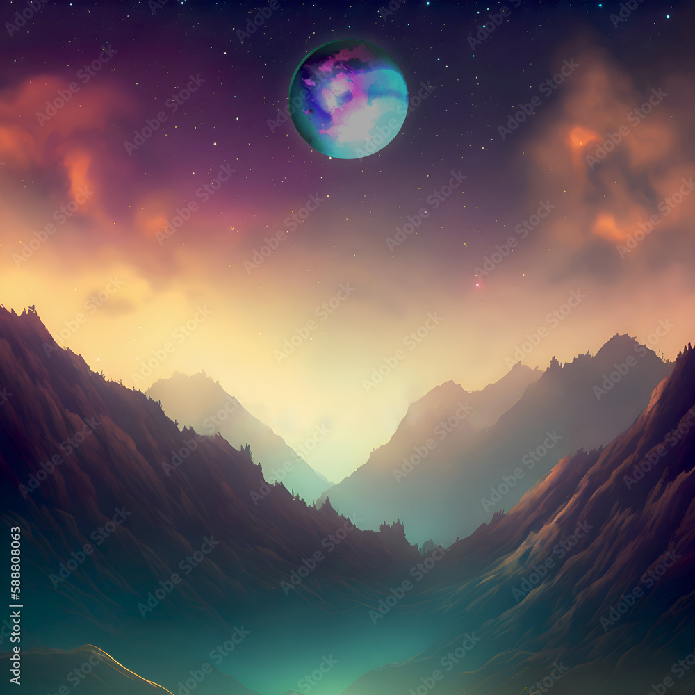 Landscape mountains unknown planet space background colorful with generative AI technology