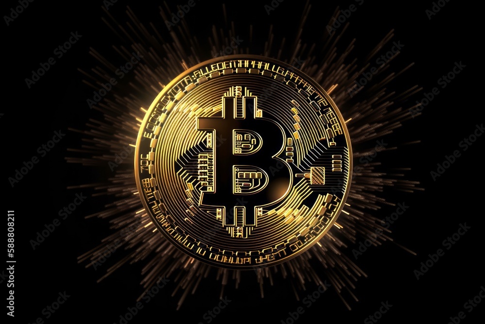 Naklejka premium Illustration of a golden bitcoin with logo on a black background created with Generative AI technology