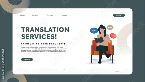 We are hiring. we are hiring language translator website ui ux. English translator announcement banner. a girl sitting on office desk wearing headset.	Webpage template. english translator