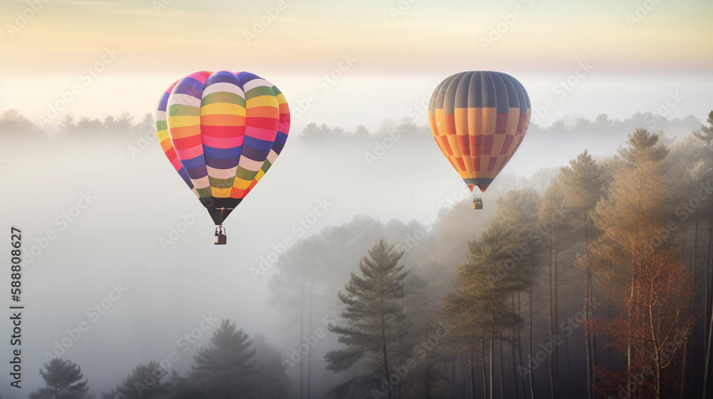 Fototapeta premium hot air balloon over green jungle on sunrise