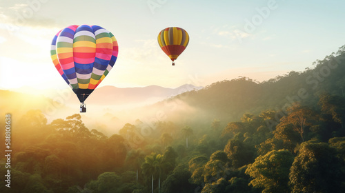 hot air balloon over green jungle on sunrise
