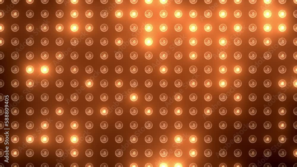 Colorful loop led back wall light bulbs. Glowing lamp background animation. Golden motion background for music video or stage event entertainment or concert. Copy space for text or logo