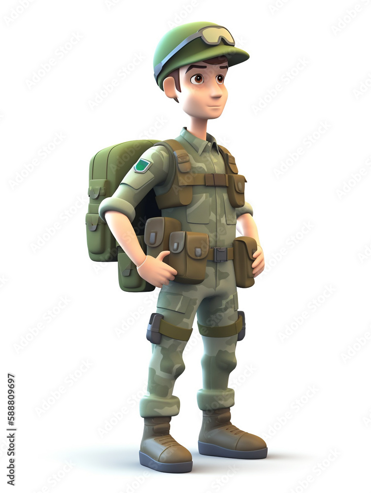 3D illustration showing a soldier in uniform and fully armed. Ready to be directed to carry out tasks. Cartoon images suitable for children. Isolated in white background. 3D illustration showing a soldier in uniform and fully armed. Ready to be directed to carry out tasks. Cartoon images suitable for children. Isolated in white background.