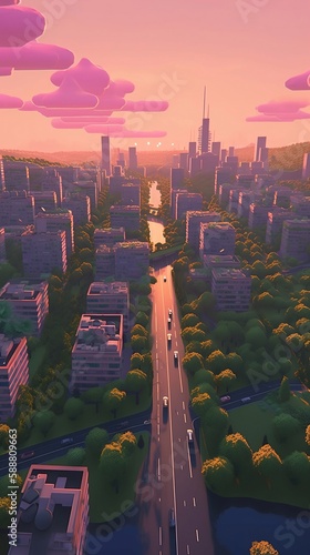 City with high buildings and sunset. Generative AI.