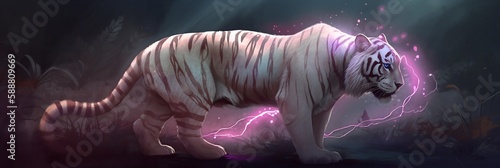 Digital Painting of a magic tiger in the night. Generative AI.