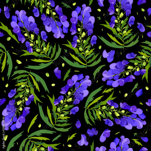 Obraz na plátne Vector seamless floral pattern with blue aconite and green leaves on black background