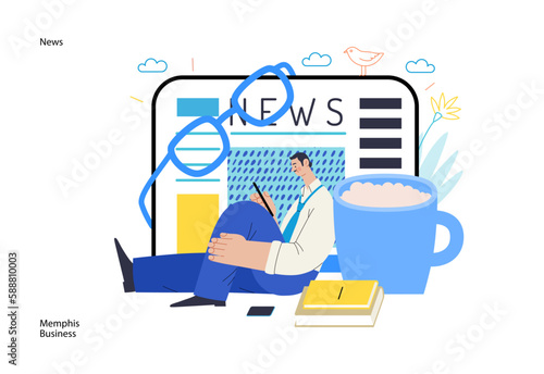 Memphis business illustration. News -modern flat vector concept illustration of a man reading news on various medium and tablet screen, glasses, coffee. Corporate business morning news metaphor.