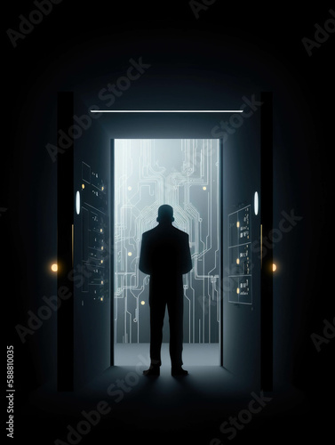 A person stands in a thoughtcontrolled chamber entering commands into a computer interface by thinking the commands.. AI generation.