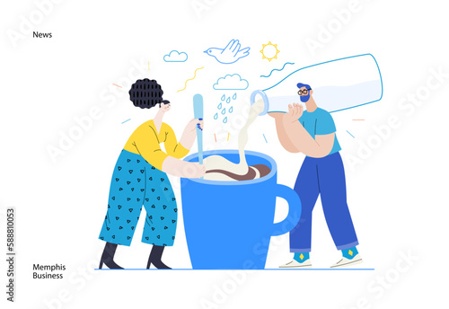 Memphis business illustration. News -modern flat vector concept illustration of people preparing coffee with milk. Corporate business morning news metaphor.