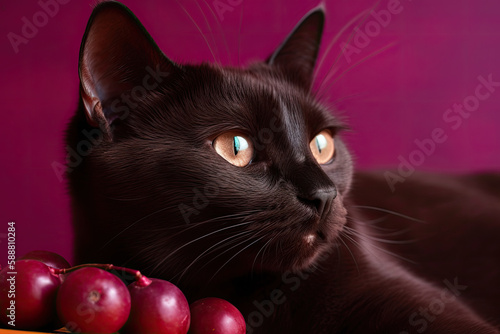 Black cat lies near sprig of grapes on a viva magenta 18-1750 background. Generative AI © OleksandrZastrozhnov