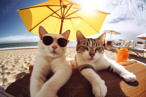 A family couple of cats in sunglasses resting on the beach under an umbrella. Generative AI photo