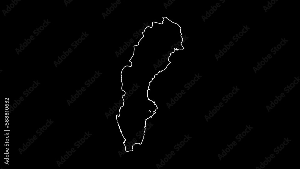 Sweden map animation line. White line drawing on a black background.