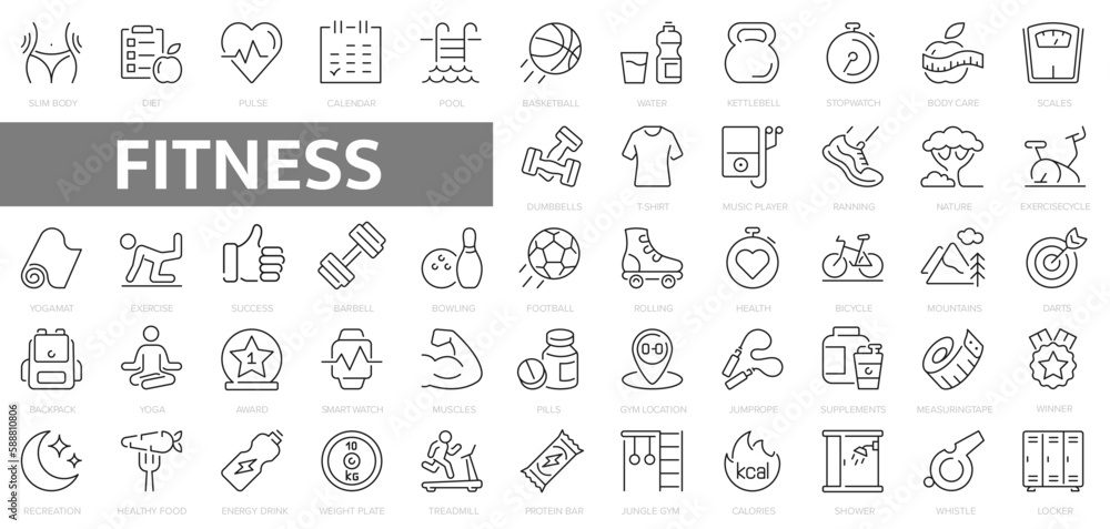 Sport and fitness icons set. Fitness exercise, football, gym, diet, jogging, weight and more line icon.